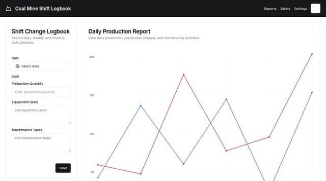 Thumbnail for prompt: website for shift change logbook of coal mine workers with daily, weekly and monthly reports which capture the detailed activities of each shift, including production quantities, equipment used, and any maintenance activities. daily production, overburden removal, and maintenance activities are accurately recorded. it integrates with ERP software.and has to prepare a Safety Management Plan (SMP) as per DGMS guidelines