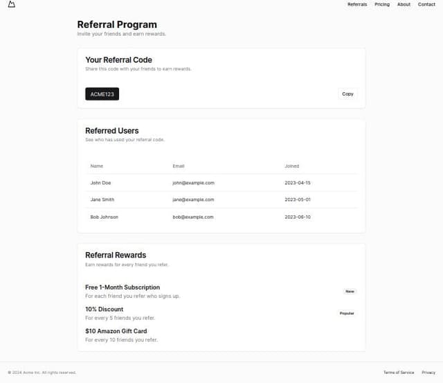 Thumbnail for prompt: create a user referral program page where user can see their referral code and also show the list of users who used that referral code, also create a section which contains offers regarding referral program like for referral user 1 month subscription is free.