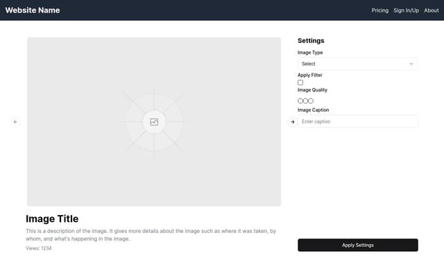 Thumbnail for prompt: This is good, can you add some more controls to the settings like checkboxes, radio buttons, and text inputs? You can make something up what they control.

Also, please add some sort of header to the website that says the name of it and has navigation to pricing, authentication (sign in/up), and about