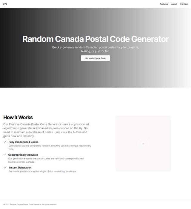 Thumbnail for prompt: Generate a landing page dor random canada Postal Code Generator 