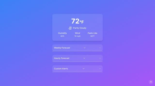 Thumbnail for prompt: the weekly forecast is a bunch of cards, with date, and some weather details. some of the cards are "flipped" to show hourly forecast.
alerts should have an example alert, create button, edit button, delete button