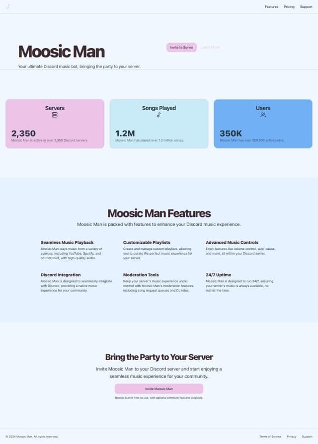 Thumbnail for prompt: a website that shows off my Discord Music Bot named Moosic Man show some stats a bit about it stats