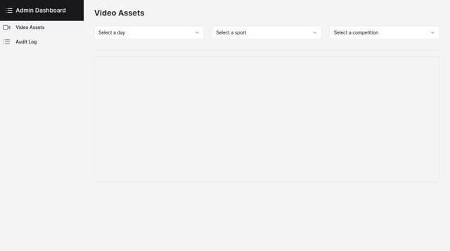 Thumbnail for prompt: A admin app with a left hand side menu bar that has two pages. One for viewing a list of video assets per day (with the possibility to filter by day, sport and competition). The other page is an audit page to see who did what in the user interface.