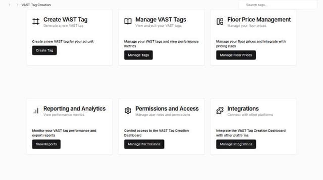 Thumbnail for prompt: The VAST Tag Creation Dashboard is an advanced feature designed to streamline the process of generating and managing VAST tags, enhancing video demand integration and business scalability. Users will authenticate to access the dashboard, with role-based permissions ensuring tailored feature access. The intuitive interface, positioned under the instream dashboard, facilitates site and tag creation. Users can input ad unit details to generate VAST tags automatically, with options to copy or test tags via the VAST inspector. Tag management includes a list view with search, filter, edit, and delete options, along with organizational grouping. Reporting and analytics provide performance metrics, detailed floor price performance, and exportable reports. Floor price management allows dynamic pricing through "prmsig" integration, with editable options for existing tags. Pricing rule integration ensures compatibility, offering error handling and suggestions. 