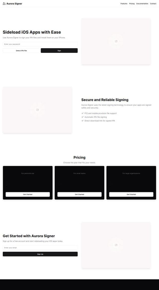 Thumbnail for prompt: make me a signer website that is called aurora signer it is a signer for sideloading it uses p12 and mobile provision files and you input the password and the ipa and click sign and it signs the ipa and downloads it directly to the iphone