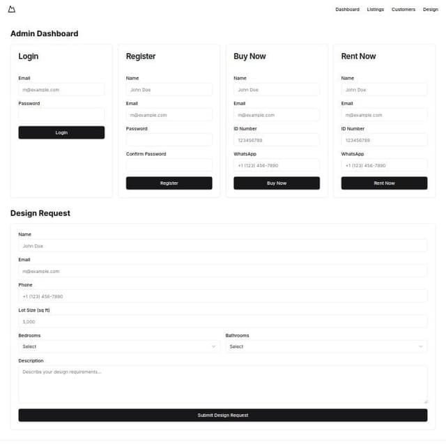 Thumbnail for prompt: muja ek real estate website ka admin panel bana kar da mera front and ma 4 form ha  1 signin or 2 signup (name ,email,passowrd,conform password) or 3 buy now ka form ha (name ,email address,cnic no , whatsapp no) or is tra hi rent now ka bi form ha or mera pass ek home design ka bi form ha user apna info da ga or hama usa us ki plot ka design bana kar da ga us form ma mana ya detail mangi ha user sa (name,email,phone no, plot size ,no of bedrooms ,no of bathrooms,home design discription)  ya sab info ha muja is ka muja koi acha sa admin panel bana kar da  muja form nei chahiya muja admin panel chahiya user ja data store ho 