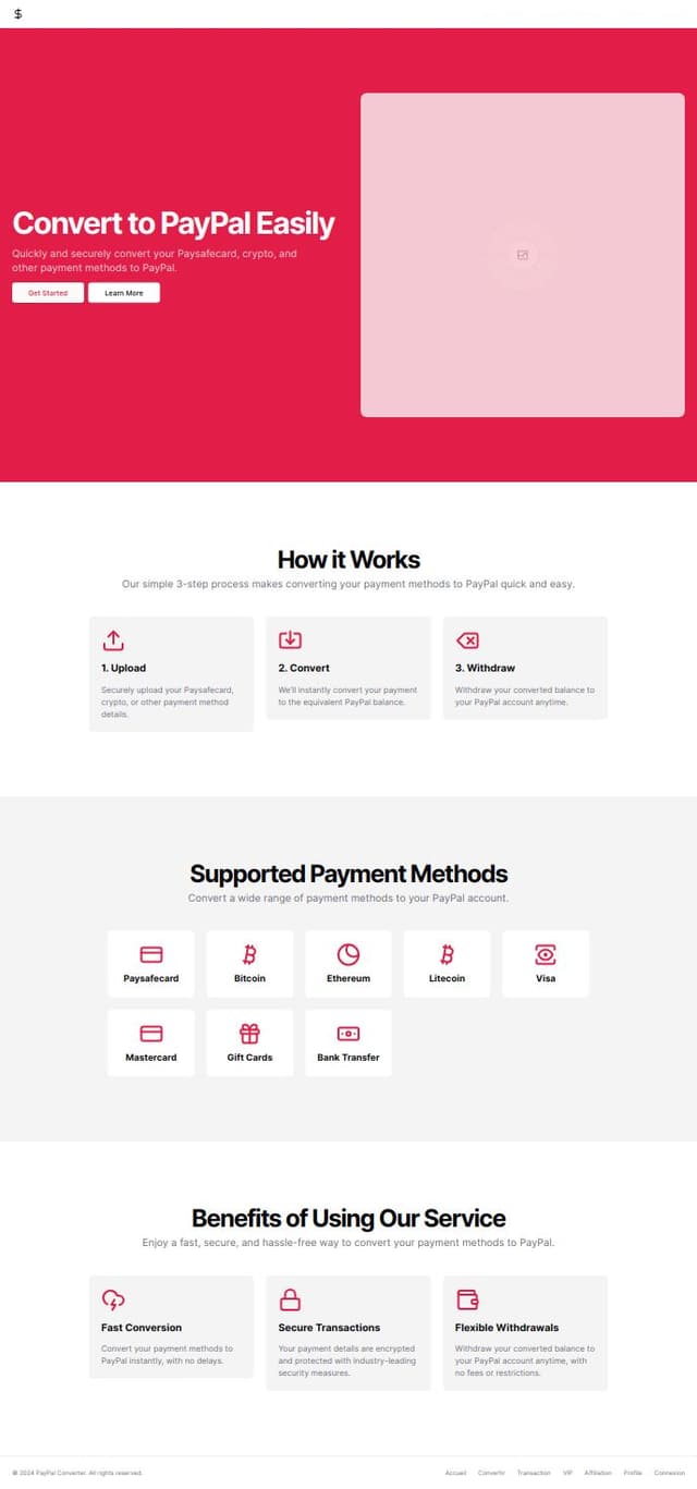 Thumbnail for prompt: Add the pages to the footer: Accueil, convertir, transaction, vip, affiliation, profile, connexion