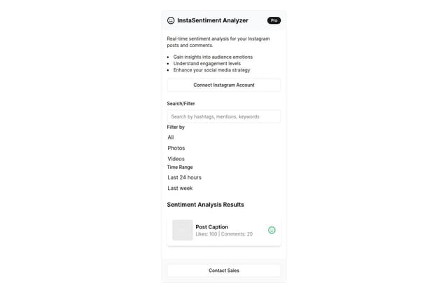 Thumbnail for prompt: Header:

Display the name of the extension ("InstaSentiment Analyzer").
Include a logo/icon representing sentiment analysis or Instagram.
Connect Instagram Account:

Provide a button or link to connect your Instagram account to the extension.
Upon clicking, users should be directed to the Instagram authentication page where they can authorize the extension to access their data.
Search/Filter Bar:

Allow users to search for specific hashtags, mentions, or keywords to analyze sentiment.
Include options to filter by post type (e.g., photos, videos) or time range (e.g., last 24 hours, last week).
Sentiment Analysis Results:

Display a list of recent posts from the user's Instagram account.
For each post, show the post image or video thumbnail along with the caption and number of likes/comments.
Use visual indicators (e.g., color-coded icons) to represent the sentiment of each post (positive, negative, neutral).
Post Details Modal:

Allow users to click on a post to view detailed informatio