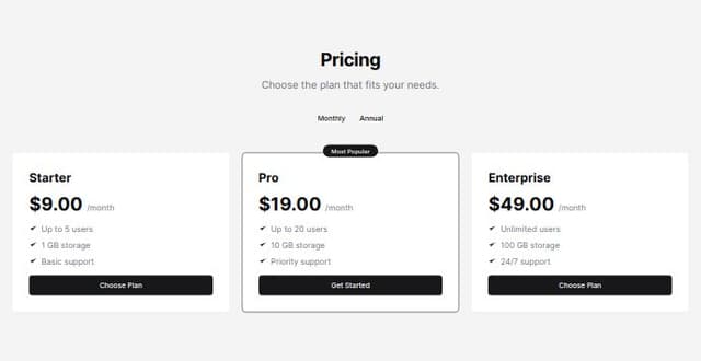 Thumbnail for prompt: Pricing section with 3 subscription models, highlight the middle one. On the top there is a toggle from monthly / anually, only display the cost per month but include a 10% discount if purchased anually.