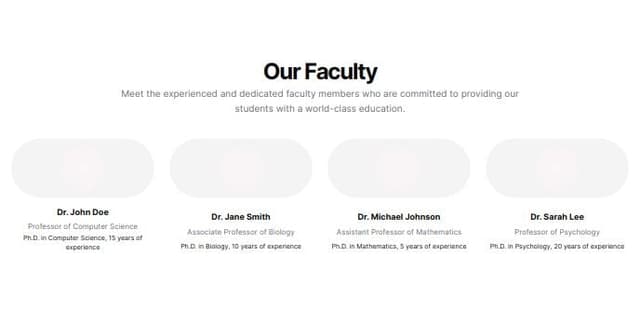 Thumbnail for prompt: Faculty
Profiles:
John Doe: Principal, M.Ed, 20 years of experience in educational administration.
Jane Smith: Vice Principal, M.Sc. in Physics, 15 years of teaching experience.
Emily Johnson: English Teacher, M.A. in English, 10 years of teaching experience.
Michael Brown: Mathematics Teacher, M.Sc. in Mathematics, 8 years of teaching experience.
Sophia Davis: Science Teacher, M.Sc. in Chemistry, 12 years of teaching experience.
David Wilson: Computer Science Teacher, B.Tech in Computer Science, 5 years of teaching experience