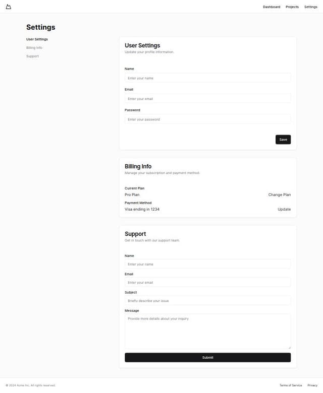 create a settings page that will have user settings, billing info, and ...
