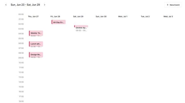 Thumbnail for prompt: show the hours of the day on the left of the calendar. ensure the events text fit inside the background of their event