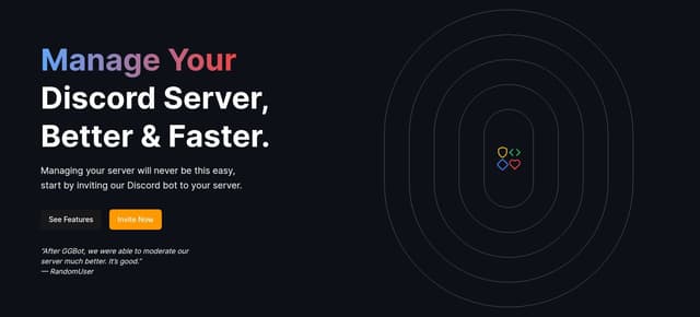 Thumbnail for prompt: A landing page hero section with a heading, leading filled with a gradient text and an a invite button. For a discord bot named "GGBot"
