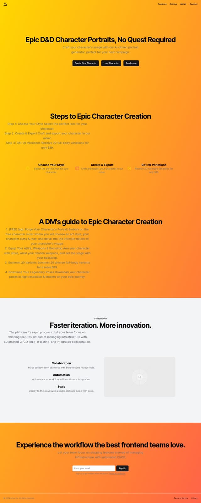 Thumbnail for prompt: add a new  section under the three steps to epic charachter creation  named :" A DM's guide to Epic Character Creation" "1. (FREE tag): Forge Your Character's Portrait
Embark on the free character mixer where you will choose an art style, your character class & race, and delve into the intricate details of your character's visage.

2. Equip Your Attire, Weapons & Backdrop
Arm your character with attire, wield your chosen weapons, and set the stage with your backdrop.

3. Summon 20 Variants
Summon 20 diverse full-body variants for a mere $19.

4. Download Your Legendary Poses
Download your character poses in high resolution & embark on your epic journey."