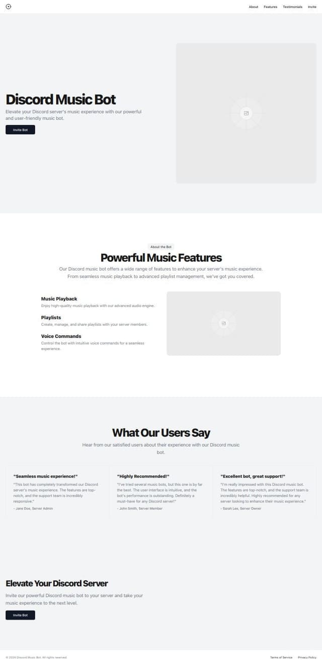 Thumbnail for prompt: modern landing page for a discord music bot with an about me features and more