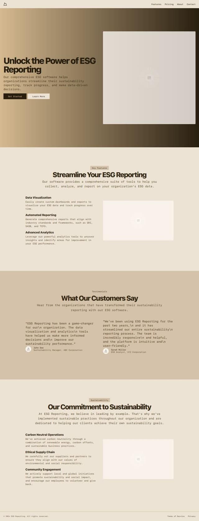 Thumbnail for prompt: A landing page for an ESG software system that reports on ESG Metrics