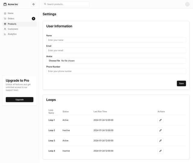 Thumbnail for prompt: A user settings page, that shows a user's information (name, email, avatar, phone number), all editable, along with a table of that user's Loops (automations on our platform) and Runs (most recent runs of the Loops) 