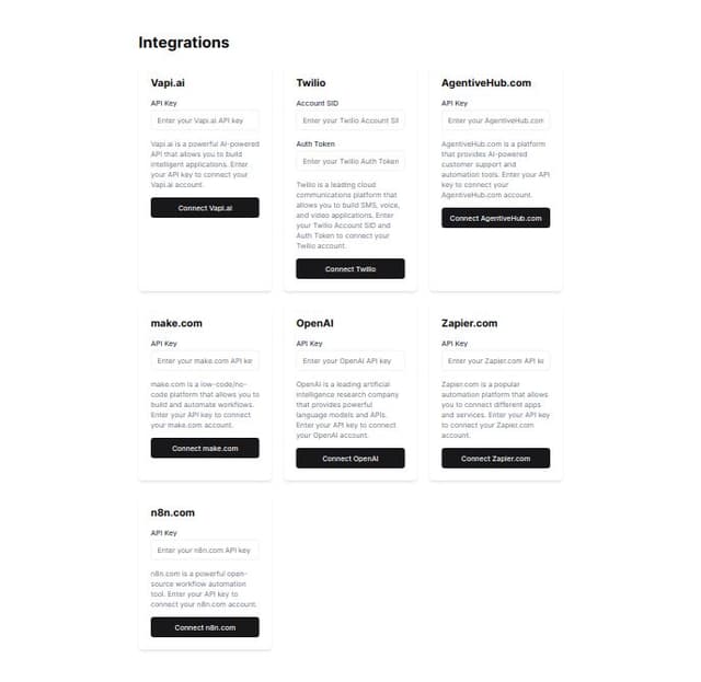 Thumbnail for prompt: create an integration page where i can add api  Set up API keys for Vapi.ai, Twilio, AgentiveHub.com,make.com, openai zapier.com  and n8n.com in the project’s settings to ensure smooth ui interface