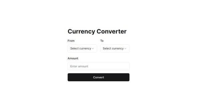 Thumbnail for prompt: a currency converter using shadcn with options to select the from currency  and to currency  and a input for getting amount and simple and uniqe ui