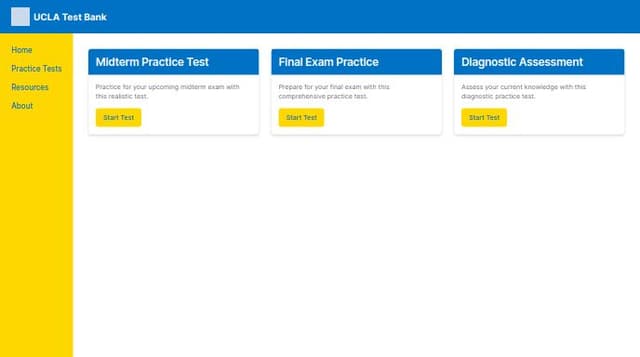 Thumbnail for prompt: Create a test bank for UCLA students with a blue and gold theme.