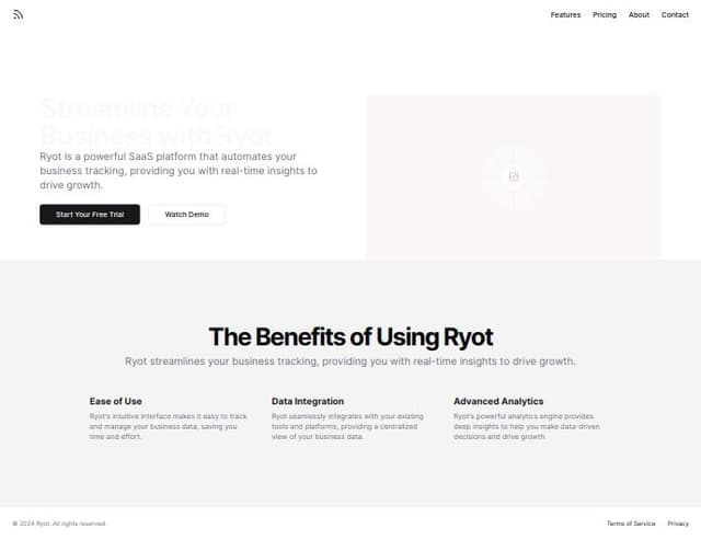 Thumbnail for prompt: Ryot

### Ryot SaaS Homepage Design

#### Hero Section
- **Tagline**: "Track Your Life, Your Way with Ryot"
- **Subtext**: "Effortlessly manage your media, fitness, and more with our versatile platform."
- **CTA Buttons**: "Start Your Free Trial" and "Watch Demo"
- **Visuals**: Background image showcasing the Ryot dashboard.

#### Benefits Section

##### Why Choose Ryot Over Manual Tracking?

| Feature             | Manual Tracking (e.g., Notion, Google Notes, Excel) | Ryot                                       |
|---------------------|----------------------------------------------------|--------------------------------------------|
| **Ease of Use**     | Time-consuming, prone to errors                    | Simple and automated                       |
| **Data Integration**| Non-existent                                       | Seamless sync with Goodreads, Trakt, etc.  |
| **Analytics**       | Limited or non-existent                            | Detailed insights and analytics       