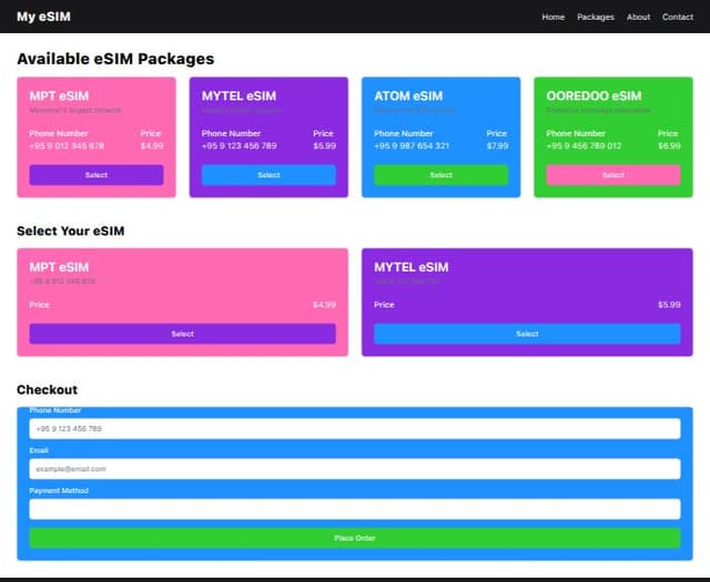 Thumbnail for prompt: My eSIM, MPT MYTEL ATOM OOREDOO MMK eSIM App Create ui 3D Design Color Palette
Pink#FF69B4
Purple#8A2BE2
Blue#1E90FF
Green#32CD32
