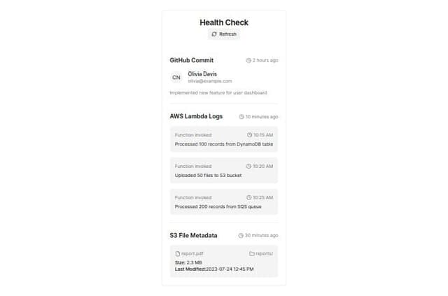 Thumbnail for prompt: A health check widget with 3 steps. 1-github commit details with author, message and time. 2-aws lambda logs with three messages. 3-a file metadata uploaded to s3