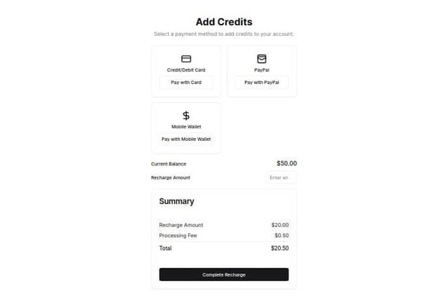 Thumbnail for prompt: Create a Payment/Recharge page to add credits to the user's account. Make sure you use different types of payment options for the user.