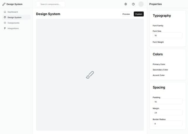 Thumbnail for prompt: editor for design system application. Narrow sidebar to the left. The main content area is a stacked layout with an application header and a canvas and sidebar for configuring design properties on the right