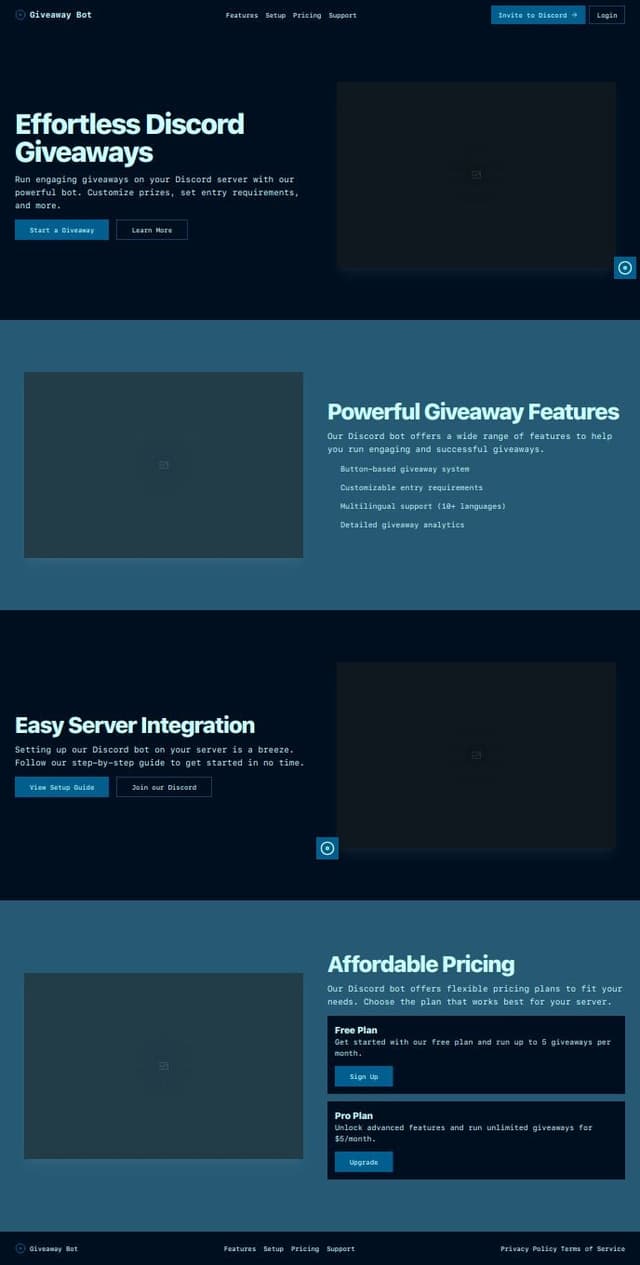 Thumbnail for prompt: Make a discord bot website for giveaways bot, 10+ languages for bot, button giveaway... make it modern like probot.io page