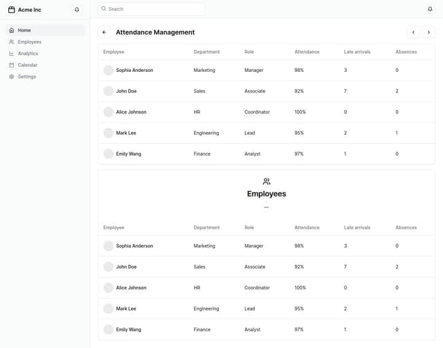 Thumbnail for prompt: give UI for end to end attendance management system for employees including tables, analytics dashboard, and page for a single employee, a department, and overall company. 