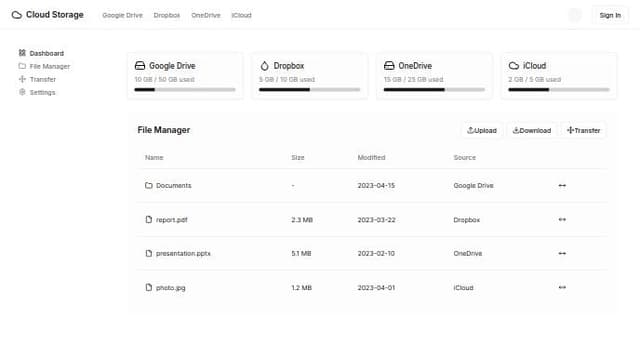 Thumbnail for prompt: Design a modern, user-friendly multi-cloud storage management system UI. The interface should allow users to seamlessly access and manage multiple cloud storage services such as Google Drive and Dropbox. The design should feature:

- A clean dashboard showing an overview of connected cloud accounts.
- A navigation bar with buttons to access each cloud service.
- A file manager that displays files and folders from each service.
- Buttons for transferring files between cloud services, including an easy way to copy or move files between different cloud accounts.
- A simple login page with fields for email and password, and OAuth login options for Google Drive and Dropbox.
- Ensure the UI is visually appealing, with clear labels, icons, and minimalistic design elements, emphasizing ease of use.

The color scheme should be modern, using soft blues, grays, and whites. 