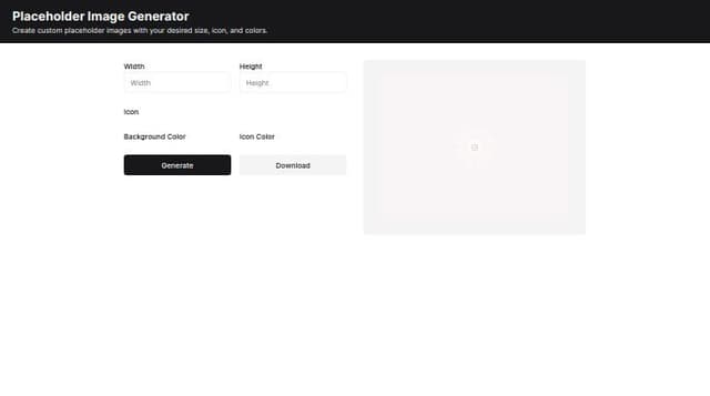Thumbnail for prompt: Design a UI for a "Placeholder Image Generator" tool. It should include:

Header: Title "Placeholder Image Generator" and description "Create customized placeholder images by selecting dimensions, icons, background, and icon color."

Inputs for width and height.

Dropdown for icon selection and upload option.

Color pickers for background and icon.

Generate and download buttons.

Preview area for the generated image.

Ensure the UI is responsive and user-friendly.