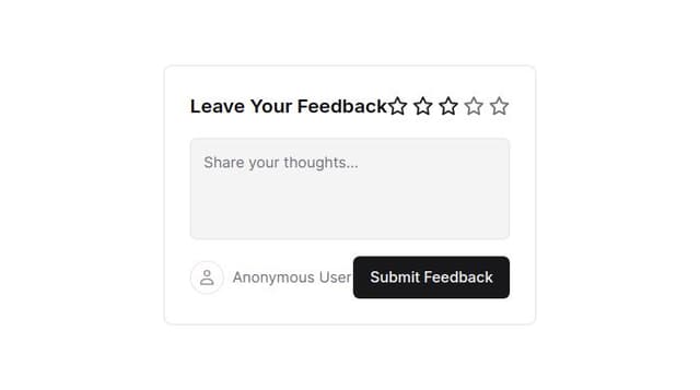 Thumbnail for prompt: Input Field & Rating Component:
Text area for feedback.
Star-based rating system (1-5 stars).
Design: The review section should be visually appealing, using engaging colors, icons, and animations to encourage users to leave feedback. Drawing inspiration from platforms like Dribble or Pinterest can help create an attractive and interactive design.
