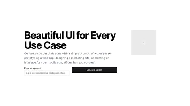 Thumbnail for prompt: "Design a user interface for a website called v0.dev. The website is an AI-powered platform where users can input prompts related to user interface design, and the AI generates custom UI designs based on those prompts. The UI should be clean, modern, and user-friendly, with intuitive navigation and clear instructions for inputting prompts. Consider incorporating visual elements that convey the AI-driven nature of the platform, while also prioritizing functionality and ease of use. The design should inspire creativity and exploration, encouraging users to experiment with different prompts and explore the generated UI designs.