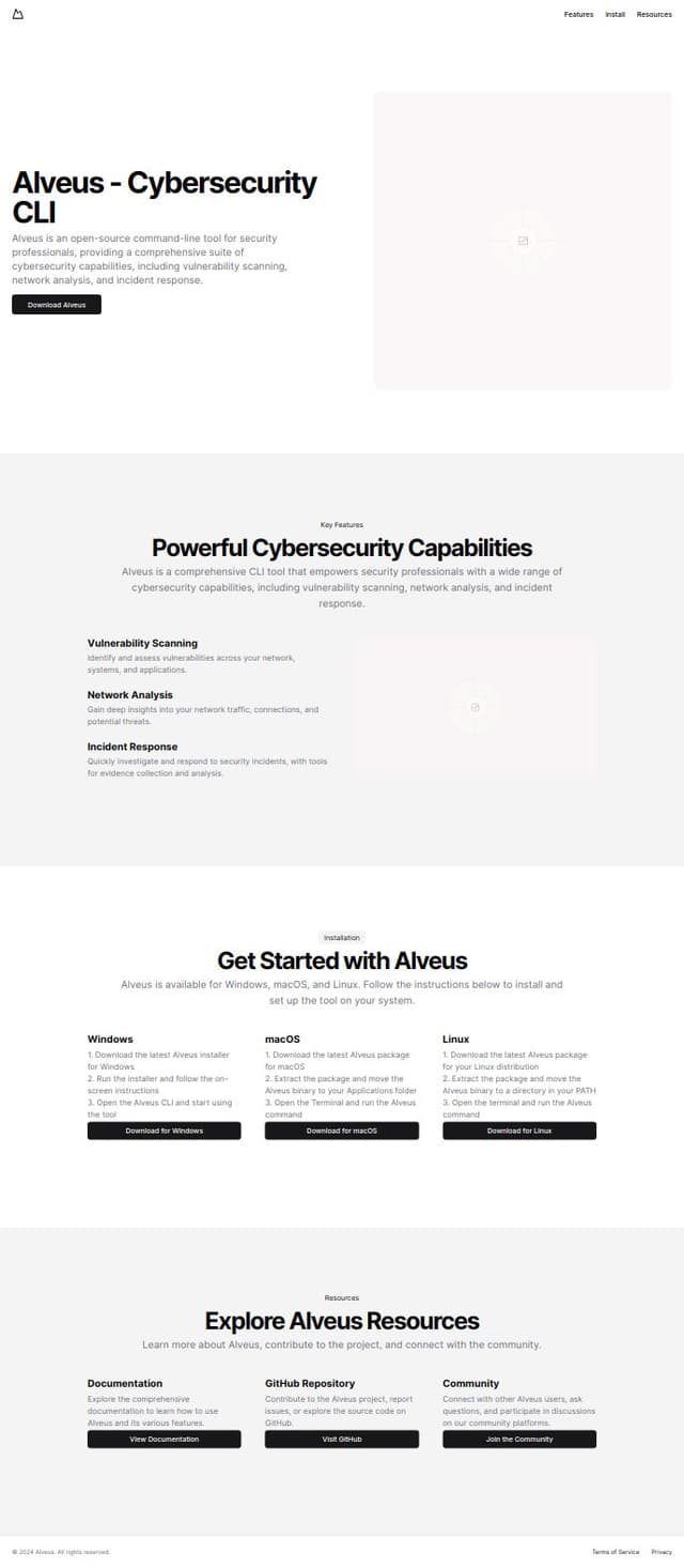 Thumbnail for prompt: generate a download page for an open source cli cybersecurity tool called alveus 