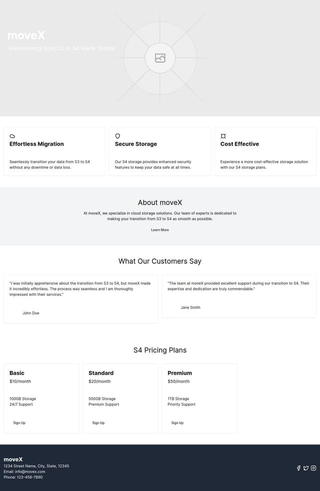 Thumbnail for prompt: Landing Page for moveX a Company to move From s3 to s4