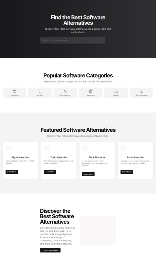 Thumbnail for prompt: landing page of a software directory where you can search alternatives for famous software