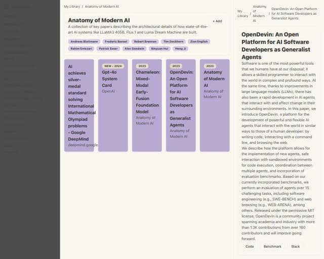 Thumbnail for prompt: A personal website with a left sidebar for navigation, and a main section that has a hero title card for the page and five column tile layout that then collapses to two column layout to make room for a right side reading pane when a post is clicked