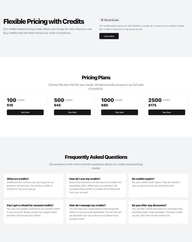Thumbnail for prompt: a Credit-based pricing model page. Features are always the same but you can buy different amount of credits