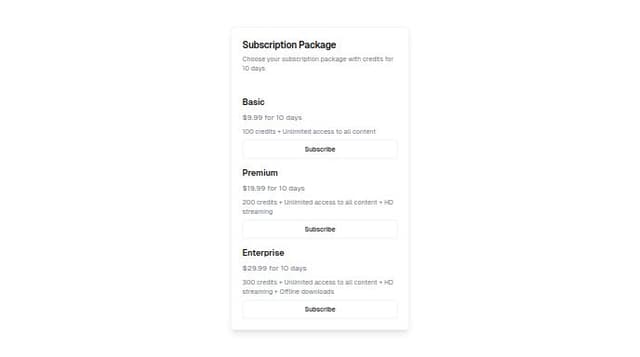 Thumbnail for prompt: A UI design for a Subscription Package. Subscription contains credits for a certain period (10 days) in React Native component