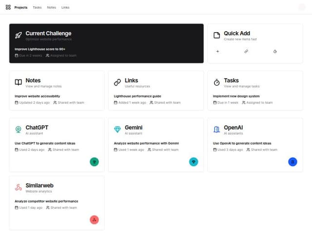 Thumbnail for prompt: personal project managemeent dashboard including a top line for a current challenge, modern shadcn/ui components such as sidebar. 

Some components need a quick "add" function (type and then RETURN): 

add notes 
add links 
add task 

There should be a  set of icons that can be clicked at the bottom of the project page. the icons should refer to services 
check project-specific tool usage (e.g. ChatGPT green highlighted because a chat exists for this project, link to that chat for quick access) 
check ChatGPT
Gemini
OpenAI Assistants
Similarweb
Ideogram
Google Cloud
Google Drive
pre.dev
create.xyz
lab2.dev
Render
Vercel
v0.dev
Netlify
HuggingFace