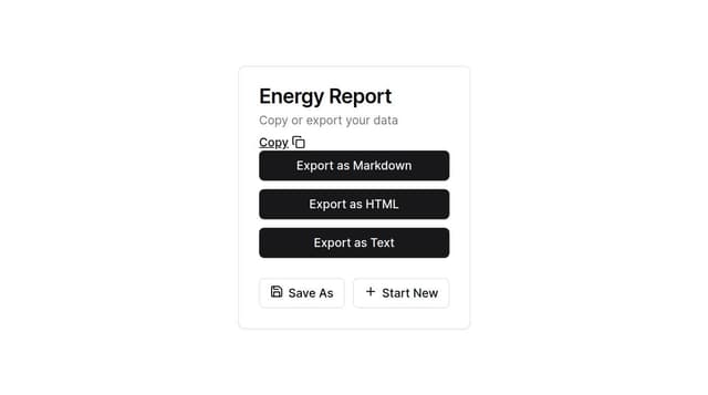 Thumbnail for prompt: a component that is a card with some information. this information contains a link up top which has a button to copy to clipboard with just an icon. under this link are options to export in different formats like markdown, html, or raw text. there are also two buttons, one that says save as and one that says start new. they have icons. then there is some text under this that says the status and estimated wattage, colored and stylized