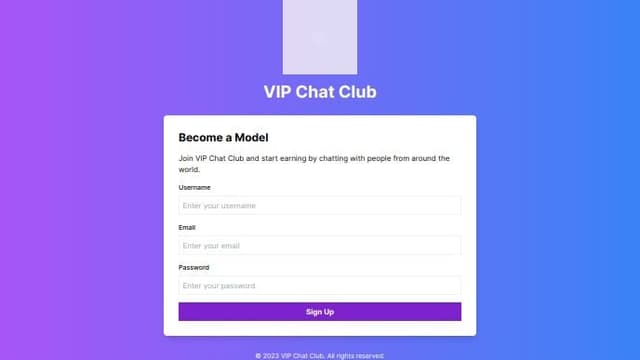 Thumbnail for prompt: https://mywebcamroom.com/become-a-model?realDomain=go.xxxvjmp.com&referrer=https%3A%2F%2Fstripchat.global%2F&sourceId=stripchat.global&stripbotVariation=NullWidget

make a similar landing page having purple blue color , name will be vip chat club instead of stripchat. and logo is aploaded with this prompt