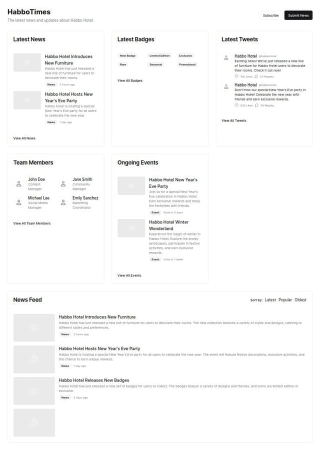 Thumbnail for prompt: create a website like habbotimes, which shows newsarticles about habbo hotel, newest uploaded badges, newest tweets, latest joined team members, current ongoing events and a sortnews feed. it should have a container max-width of 1400px
