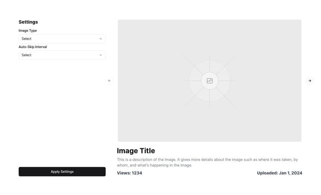 Thumbnail for prompt: The views and the upload date are the main things about this image, please make them stand out. Also add settings for an auto-skip interval under the settings that lets users control how fast the images should automatically skip to the next one (if at all). Also the layout is good now but I think the settings should be on the left and the image + description on the right.