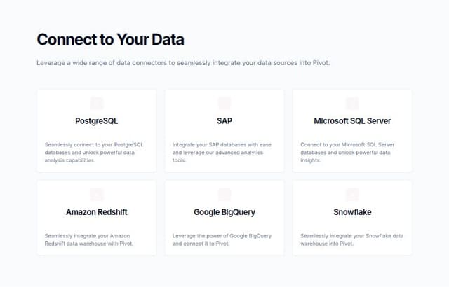 Thumbnail for prompt: Change 'Leverage a wide range of data connectors to seamlessly integrate your data sources into Pivot' to 'Leverage a wide range of data connectors to seamlessly integrate your data sources into Pivot.'