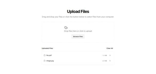 Thumbnail for prompt: A file upload page with a drop zone where users can drag and drop files to be uploaded och click to select file from computer. 