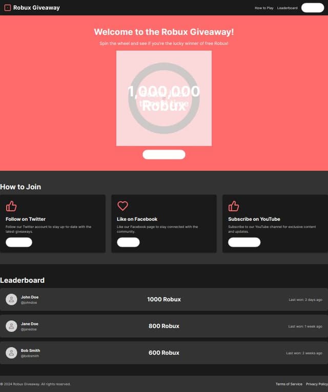 Thumbnail for prompt: make a new retro theme Website for "Robux Giveaway" add a spin wheel option make it always land on Better luck to next time & add also coustom number on wheel till 1M Robux Add social media verification on it