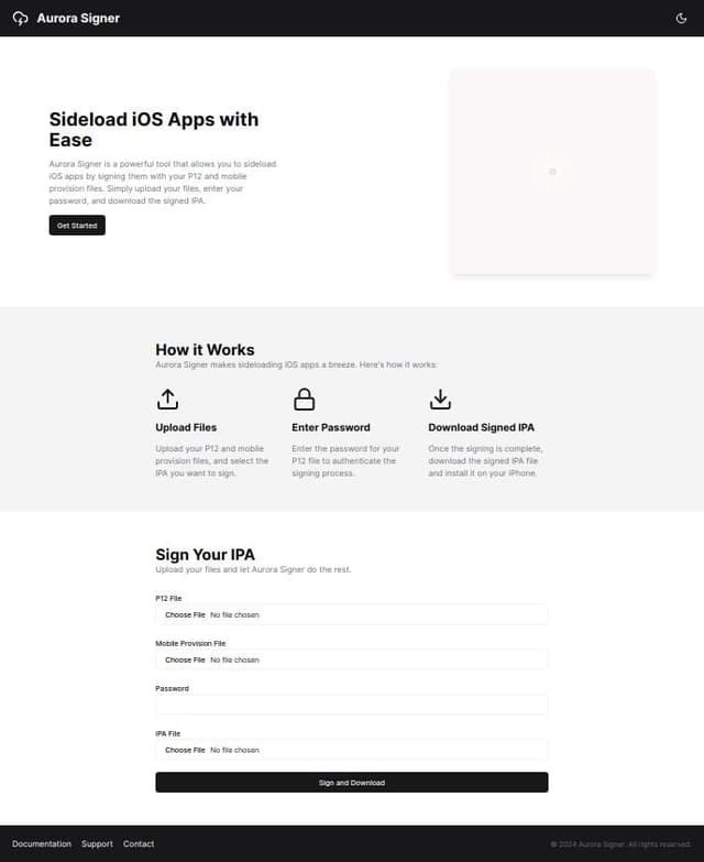 Thumbnail for prompt: make me a signer website that is called aurora signer it is a signer for sideloading it uses p12 and mobile provision files and you input the password and the ipa and click sign and it signs the ipa and downloads it directly to the iphone make a light and dark mode 